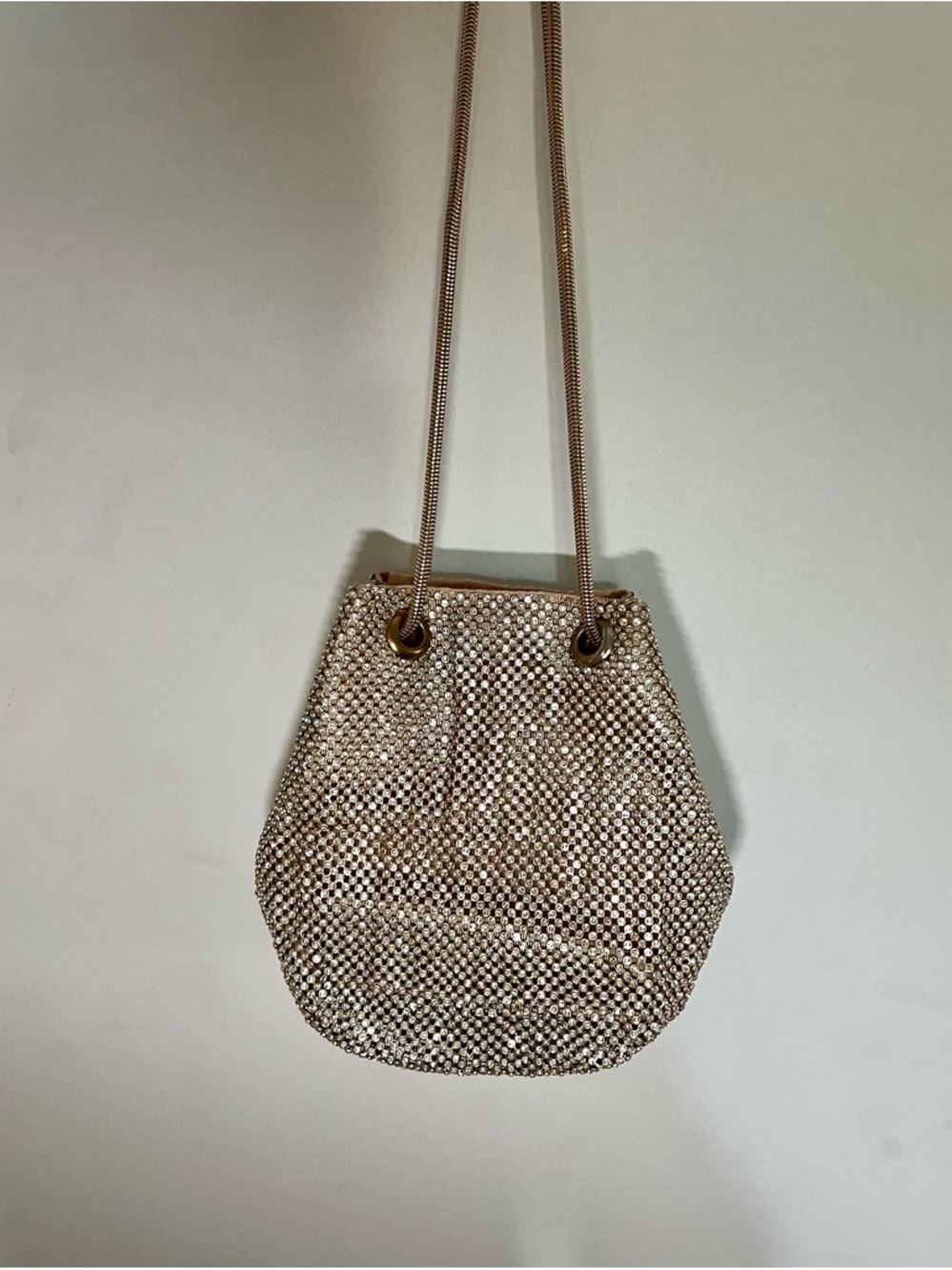 Metallic Mesh Drawstring Shoulder Bag - Champagne Gold